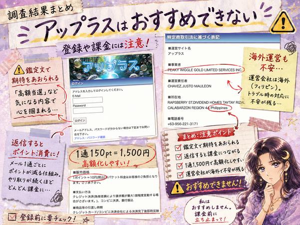 アップラスは鑑定文による期待のあおり、1通1500円の返信料金、海外運営への不安からおすすめできないとまとめた画像
