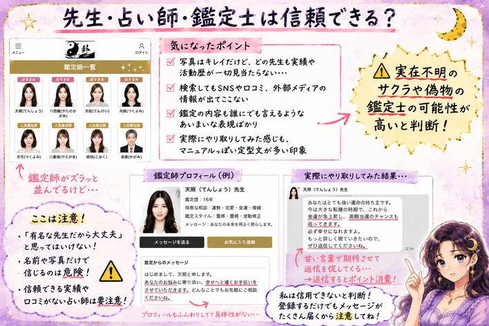 卦(うらかた)の鑑定師一覧やプロフィールを確認し、外部実績や本人画像を確認できない点を指摘した検証画像