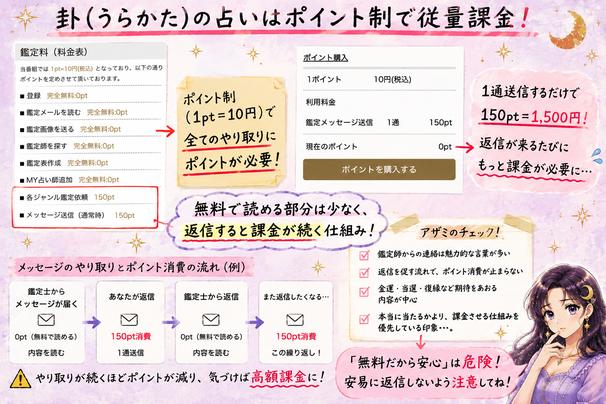 卦(うらかた)の1ポイント10円、メッセージ送信150ポイントという料金と、返信が続くほど高額になる仕組みを解説した画像