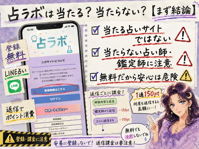 占ラボは当たる占いとしておすすめできず、無料登録や返信によるポイント消費に注意が必要だと示す結論画像
