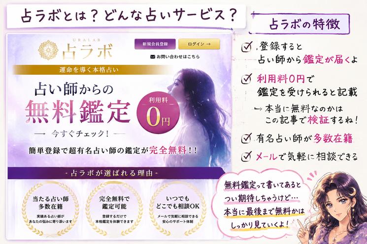 占ラボの公式ページを見ながら、無料鑑定やメール相談、占い師が在籍するサービスの特徴を確認する解説画像