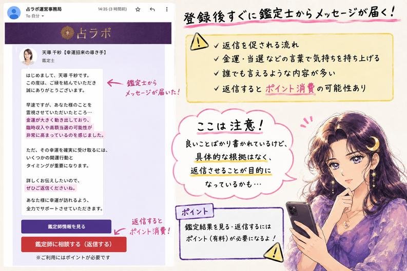 占ラボの鑑定士から金運や高額当選をにおわせるメッセージが届き、返信を促される流れに注意する検証画像