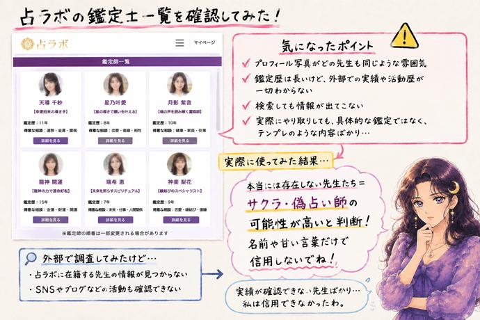 占ラボの鑑定士一覧とプロフィールを調べ、外部で実績を確認できずサクラや偽占い師の可能性を指摘する検証画像