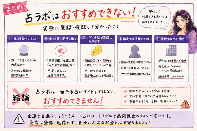 占ラボの登録検証結果として、当選をあおる鑑定、1通1500円の課金、鑑定士の実績不明などをまとめた注意喚起画像