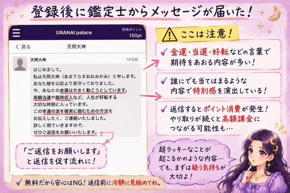 占いパレスの鑑定師から金運や高額当選を示すメッセージが届き、有料返信へ誘導される流れを解説した画像