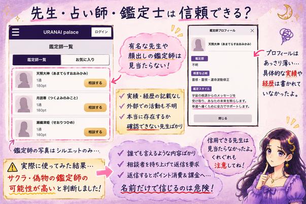 占いパレスの鑑定師一覧とプロフィールを確認し、外部実績や経歴を確認できない点とサクラの可能性を解説した画像