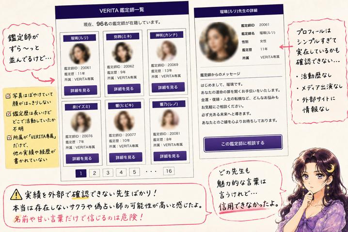 VERITA(ベリータ)の鑑定士一覧とプロフィールを調べ、外部で実績や活動歴を確認できない点とサクラの可能性を指摘した画像