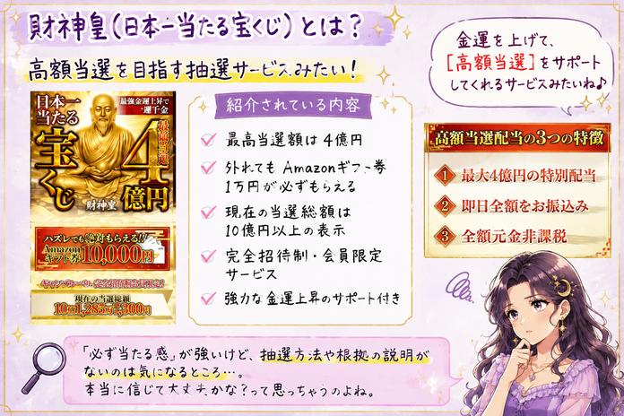 財神皇(日本一当たる宝くじ)の最高4億円、Amazonギフト券、即日振込などの特徴を整理したサービス概要画像