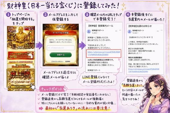 財神皇(日本一当たる宝くじ)の抽選開始から登録後の案内までを時系列で確認する検証画像