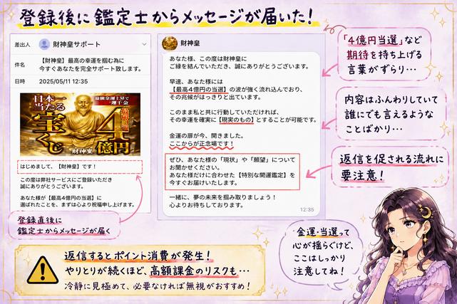 財神皇から届く高額当選を強調したメッセージと返信を促す流れに注釈を入れた検証画像