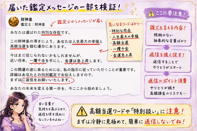 高額当選や人生最大の幸福など期待をあおる鑑定文と返信要求の注意点を赤線で示した画像