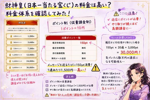 ポイント制の料金例とメッセージのやり取りが続いた場合の高額課金リスクを示した料金検証画像