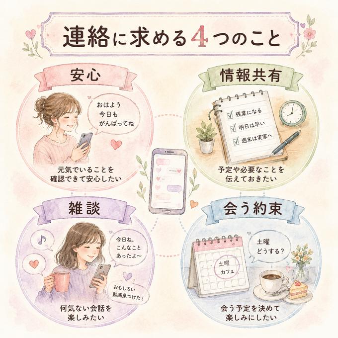 彼氏との連絡を安心、情報共有、雑談、会う約束の4つの目的に分けた図解