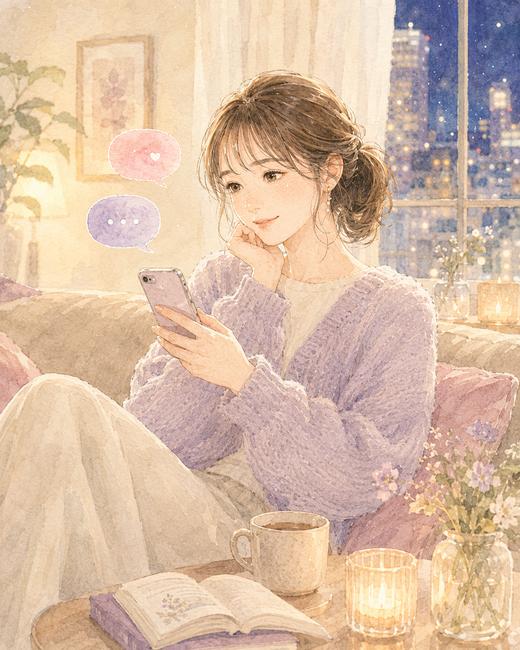 仕事の合間ではなく自分の時間に彼氏とのLINEの雑談を楽しむ女性のイラスト