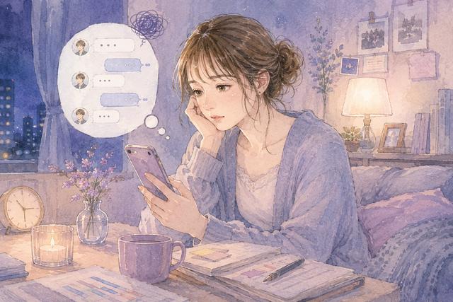 以前より少なくなったLINEを見て理由を考える女性のイラスト