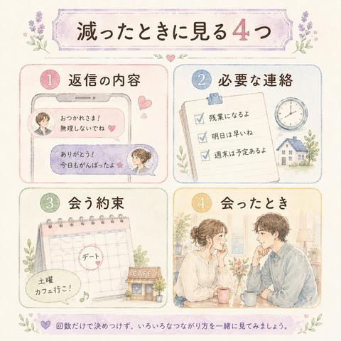 彼氏の連絡頻度が減ったときに確認したい4つの判断材料を示す図解
