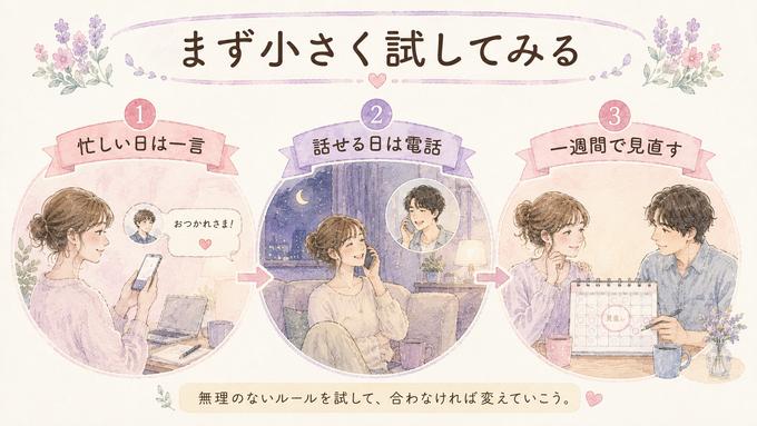 彼氏との連絡ペースを無理なく試して見直す流れを示す図解