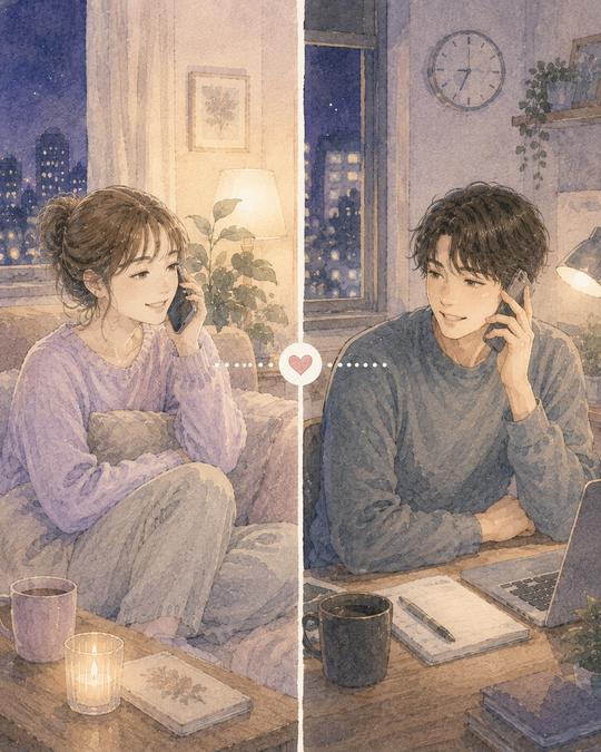 平日の夜に短い電話を楽しむ社会人カップルのイラスト
