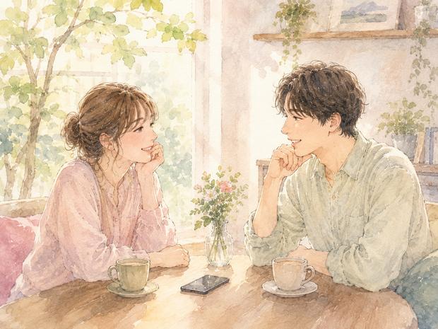 スマートフォンを置いて穏やかに会話するカップルのイラスト