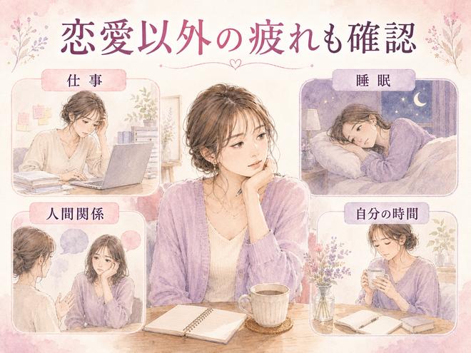 恋愛以外の仕事や睡眠や人間関係による疲れを整理する女性の図解