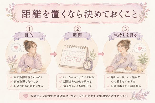 彼氏と距離を置くときの目的と期間と気持ちの確認方法を示す図