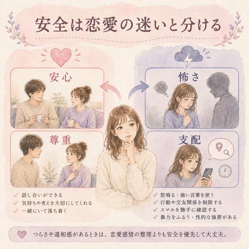 恋人関係の安心と尊重と怖さや支配を区別して考える図