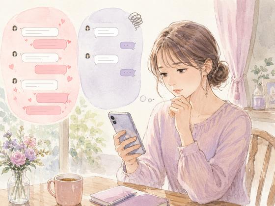 過去と最近のLINEのやり取りを見比べる女性