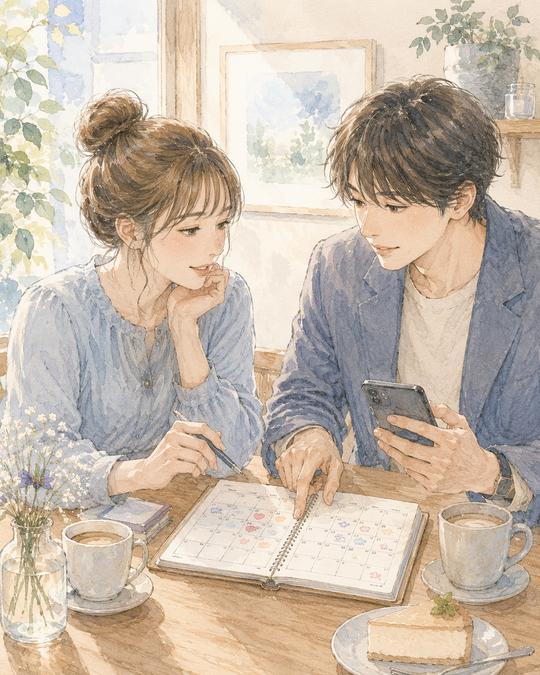 予定表を見ながら次に会える日を相談するカップル