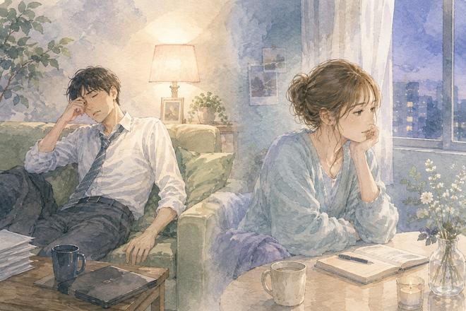 仕事で疲れて一人で休む男性と静かに考える女性