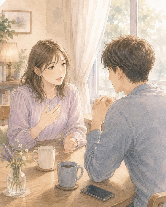 落ち着いた場所で彼氏に寂しさを伝える女性