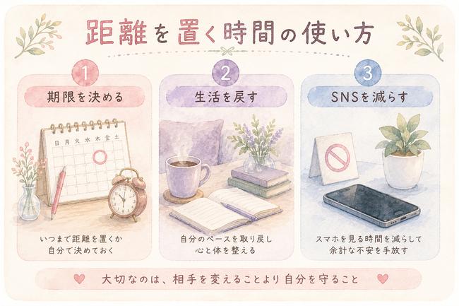 彼氏と距離を置く間に自分の生活を整える方法を示す図