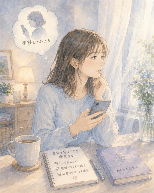 不安な関係から距離を取り信頼できる人へ相談しようとする女性