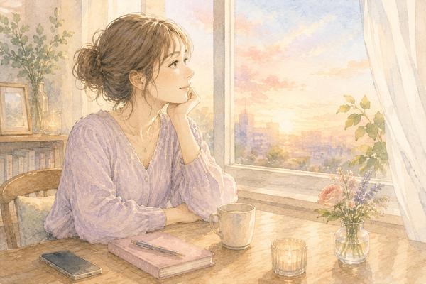 窓辺で穏やかに自分の気持ちを見つめ直す女性