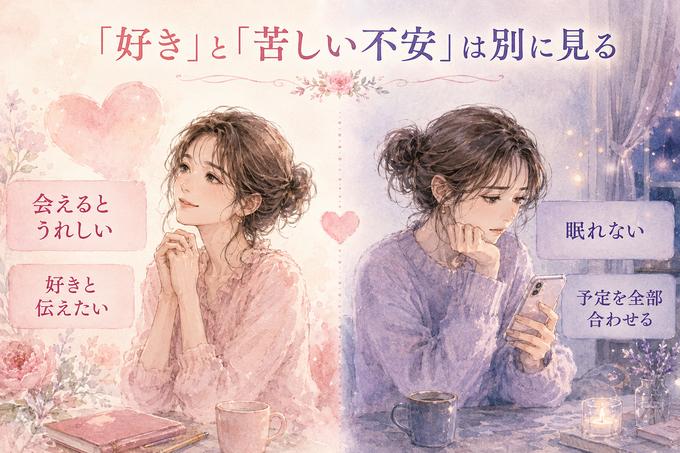 幸せな愛情と生活を狭める不安の違いを比べたイラスト