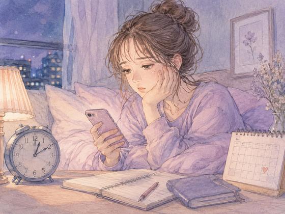 夜遅くまでスマホを見ながら翌日の仕事や友人との予定を気にする女性