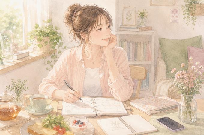 自分の予定や一人時間を少しずつ楽しみ始める女性のイラスト