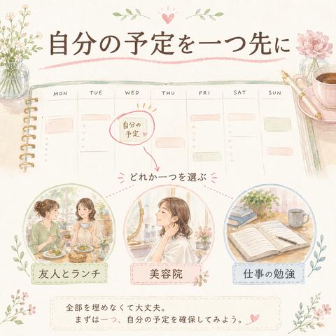 自分の予定を一つ先に入れる一週間の過ごし方を示した図解