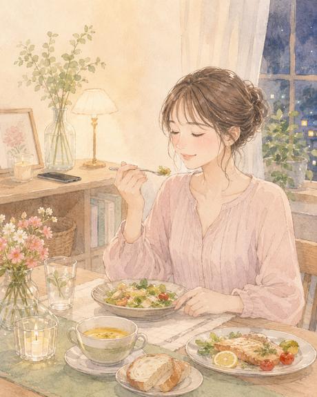 スマホを少し離れた場所に置いてゆっくり食事を楽しむ女性