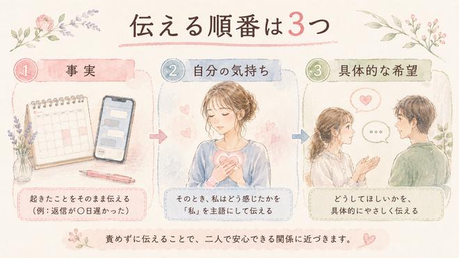 彼氏へ不安を伝えるときの事実、気持ち、希望の三段階を示した図解
