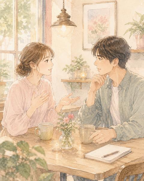 落ち着いたカフェでお互いの希望を話し合うカップル