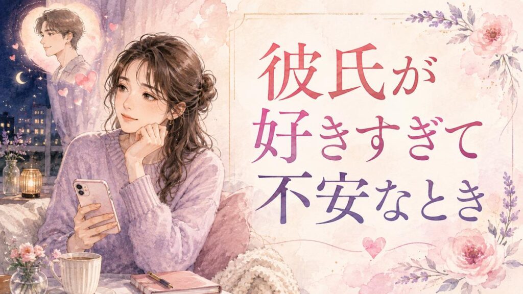 スマホを手に彼氏を思いながら幸せと不安の両方を感じている女性のイラスト
