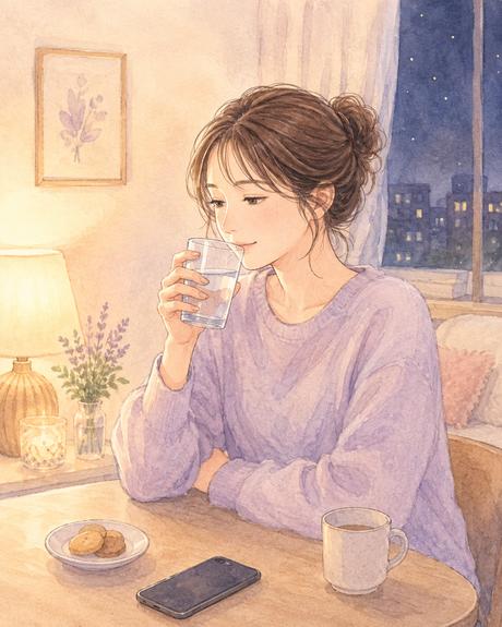 夜にスマホを置き水を飲んで少し休もうとする女性