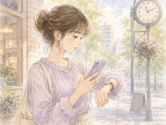 待ち合わせ前にスマホで彼氏へ予定確認をする女性