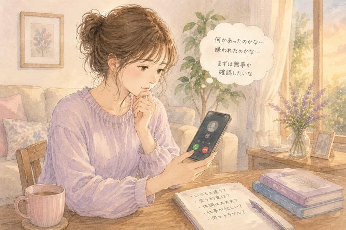 突然連絡が途絶えた彼氏の安否を心配して電話を考える女性