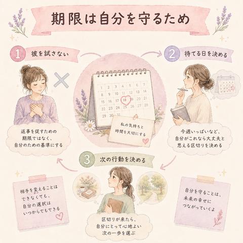 彼氏を試す期限と自分を守る期限の違いを示す図