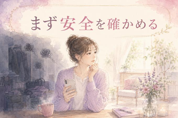 スマホを手に不安そうに考えながら自分の安全を確かめる女性