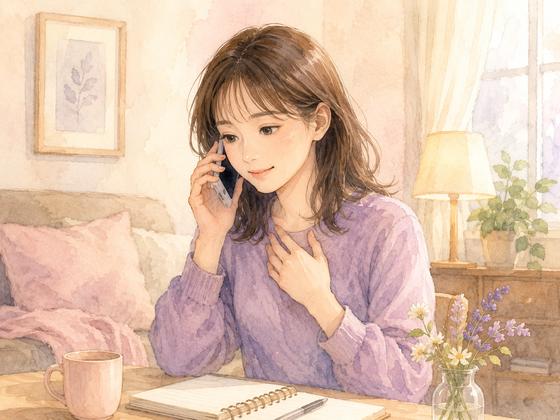 自宅で電話相談をしながら少し安心した表情を見せる女性