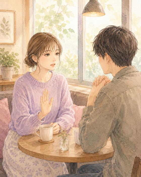 恋人に今日は会えないと落ち着いて伝える女性と受け止める男性