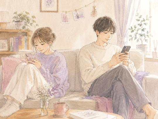 それぞれ自分のスマホと時間を持ちながら穏やかに過ごす恋人同士