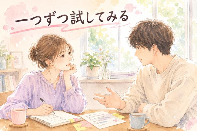 一つの問題について落ち着いて話し合う恋人同士